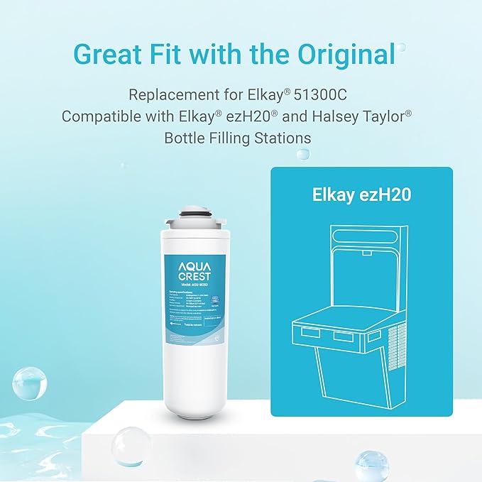 AQUA CREST Replacement Filter for Elkay® 51300C, [No CHIP] Compatible with Elkay® ezH20® and Halsey Taylor® Bottle Filling Stations, NSF/ANSI 42, Reduces Chlorine, Bad Taste & Odor, 1 Pack