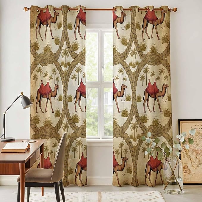 2 Panel Kitchen Cafe Curtains, Brown Desert Camels Sunlight Filtering Nature Air Through, Window Decor Tier Curtains for Living Room 80W x 84L inch Tropical Date Coconut Trees Cords Leaves