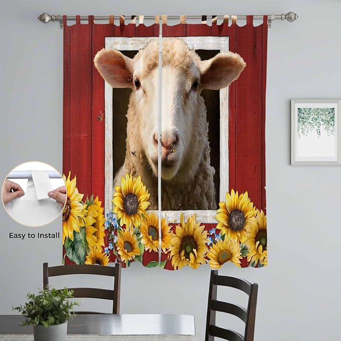 Sheep Sunflower Living Room Curtains 96 Inch Length, Window Curtains Tab Top, Country Red Farm Barn Spring Flowers Light Filtering Window Treatments Drapes 52"x96" 2 Panel