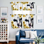 Kitchen Curtains Tiers and Valance Set of 3, Cow Sunflowers Light Filtering Window Curtain Set, Spring Botanical Floral Flowers Animals Rod Pocket Curtain Drapes for Cafe, Living Room, 36 Inches Tiers