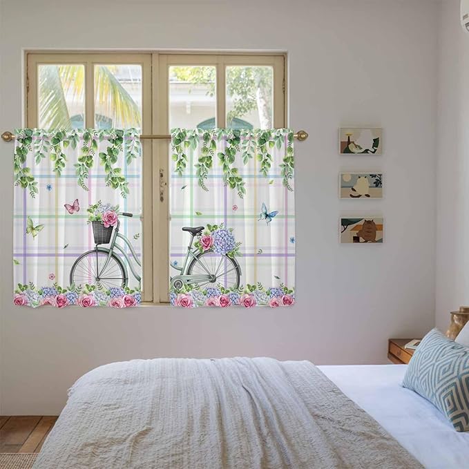 Spring Kitchen Curtains, Bicycles Botanical Leaves Rose Colorful Stripes Light Filtering Window Curtain Panels, 2Pcs Rod Pocket Window Treatments Set for Study Room Bathroom Bedroom 52x54 Inches