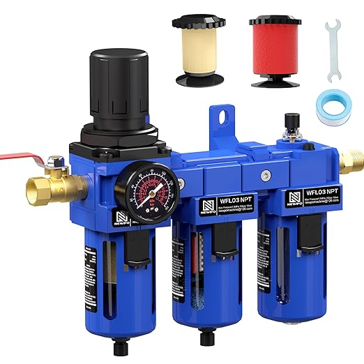 NEWPO 3/8'' NPT Compressed Air Filter Regulator Lubricator Combo Water/Oil Trap Separator with Pressure Gauge,Brass Filter and Coalescing Filter,Semi-Auto Drain, Metal Bracket-Blue