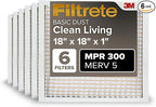 Filtrete 18x18x1 Air Filter, MPR 300, MERV 5, Clean Living Basic Dust 3-Month Pleated 1-Inch Air Filters, 6 Filters, White