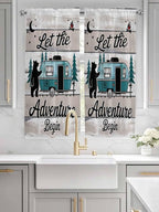 Farmhouse Bear Camper Van Tree Window Valance Curtains, Vintage Wood Grain Light Filtering Kitchen Valance with 3-inch Rod Pocket for Living Room Bathroom Bedroom,2 Panel,52x72In