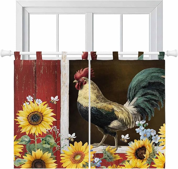 Chicken Sunflowers Kitchen Curtains 45 Inch Length, Short Cafe Window Curtains Tab Top, Farmhouse Animals Red Barn Bees Light Filtering Window Treatments Tier Drapes 27.5"x45" 2 Panel