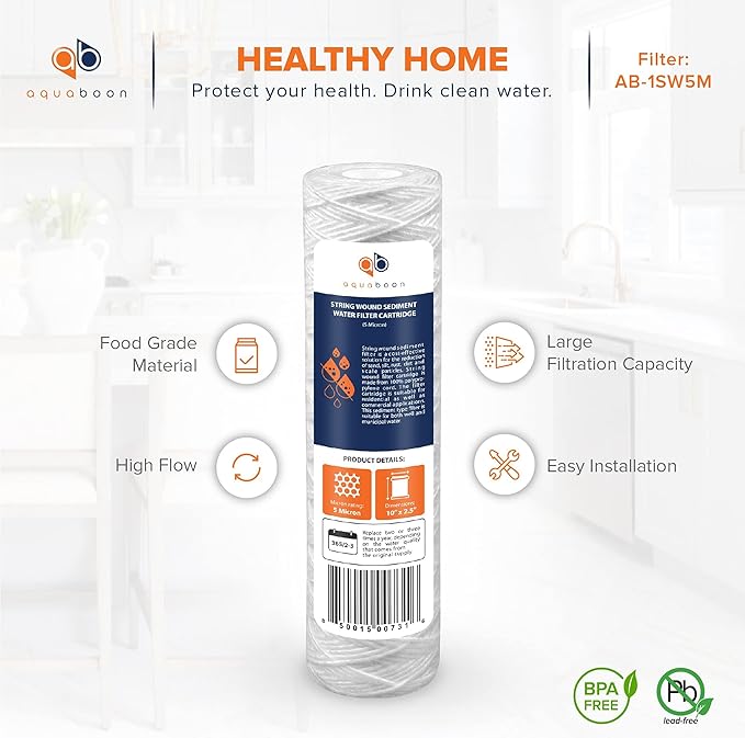 Aquaboon Whole House 5 Micron 10 x 2.5 String Wound Sediment Water Filter Cartridge Replacement Compatible with Well Water Filter WHKF-WHSW, 4-Pack