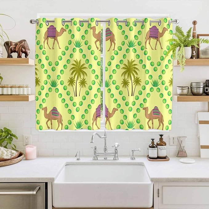2 Panel Kitchen Cafe Curtains, Desert Sand Camels Sunlight Filtering Nature Air Through, Window Decor Tier Curtains for Living Room 104W x 72L inch Palm Trees Tropical Plants Polka Dot Yellow