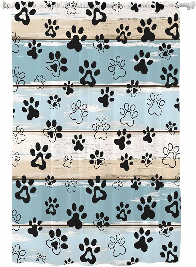 Sheer Curtains 63 Inch Length, Blue Beige Paw Print Semi Sheer Curtains Light Filtering Window Treatment, Vintage Farmhouse Country Wood Grain Privacy Voile Drapes for Living Room Bedroom 52x63 Inch