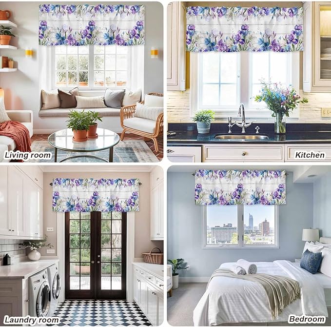 Spring Flowers Curtain Valances for Windows, Kitchen Valance Window Treatment, Watercolor Garden Florals Wooden Grain Light Filtering Block Curtains for Bathroom/Bedroom/Living Room 42'' x 12''