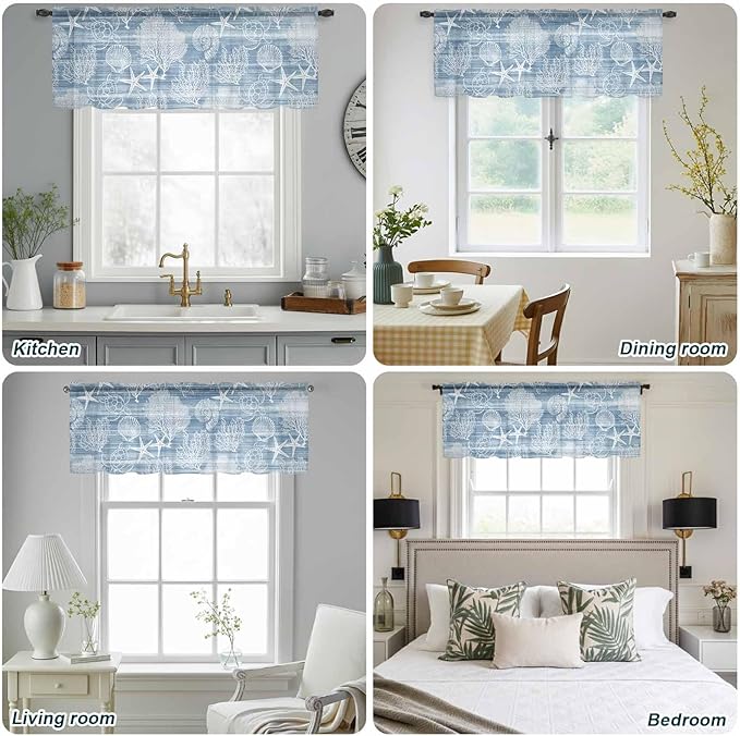 Haze Blue Retro Summer Sheer Valance Curtains, Sea Turtle Starfish Coral Ocean Light Filtering Kitchen Valances Rod Pocket Voile Curtain Window Treatment for Bedroom/Living Room/Basement 54Wx18L