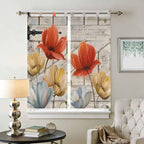 Retro Floral Living Room Curtains 84 Inch Length, Window Curtains Tab Top, Red Yellow Tulips Barm Doors Farmhouse Wooden Light Filtering Window Treatments Drapes 42"x84" 2 Panel
