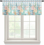 Summer Beach Sheer Valance Curtains, Ocean Colorful Coral Shell Seaweed Starfish Blue Plaid Light Filtering Kitchen Valances Rod Pocket Voile Curtain Treatment for Bedroom/Living Room/Basement 42Wx18L