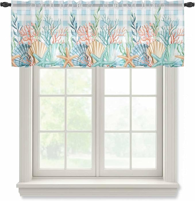 Summer Beach Sheer Valance Curtains, Ocean Colorful Coral Shell Seaweed Starfish Blue Plaid Light Filtering Kitchen Valances Rod Pocket Voile Curtain Treatment for Bedroom/Living Room/Basement 42Wx18L