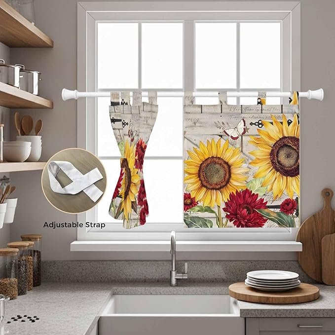 Red Yellow Sunflowers Kitchen Curtains 24 Inch Length, Small Window Curtains Tab Top, Retro Rustic Barn Doors Butterfly Brown Light Filtering Short Window Treatments Tier Drapes 27.5"x24" 2 Panel
