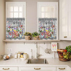 Spring Flowers Kitchen Curtain Set, Farmhouse Black Plaid Wood Grain Window Valance and Tiers 36" Length, Light Filtering Short Curtains Valance for Cafe Bathroom Bedroom 54"x18"