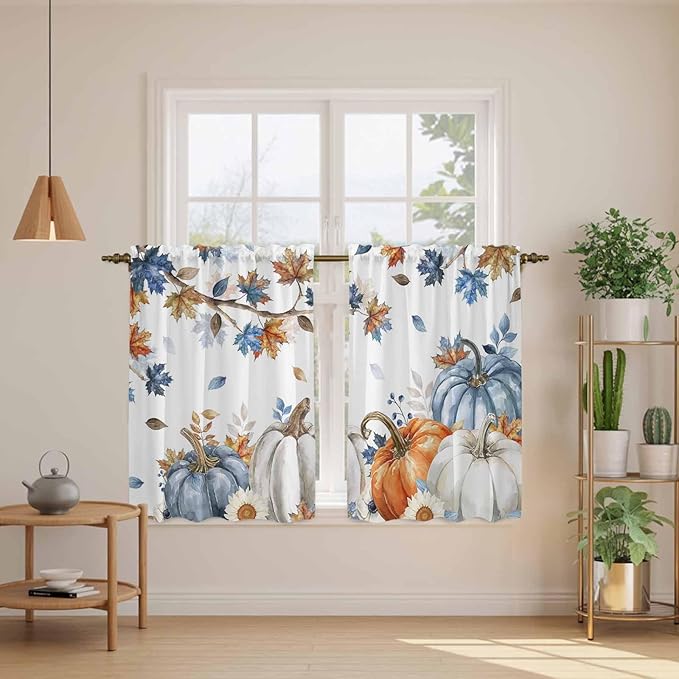 Navy Blue Pumpkin Fall Kitchen Curtains 54 Inch Long 2 Panel Set,Rod Pocket Window Curtains Panels,Thanksgiving Maple Leaves Branches Light Filtering Drapery Draperies for Bathroom Bedroom 52"W x 54"L