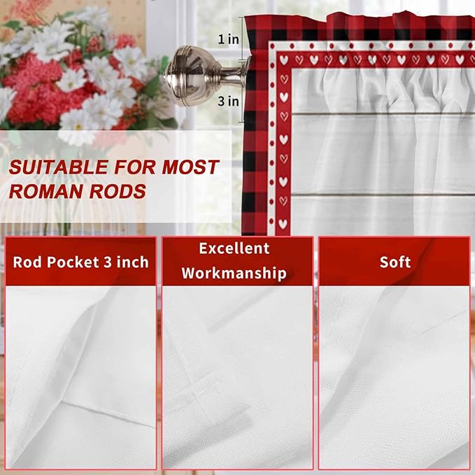 Valentine's Day Valance Curtains for Kitchen, Gnome Red Love Plaid Wood Grain Privacy Rod Pocket Valance Curtain, Light-Filtering Window Treatment for Bedroom Bathroom, 54"x18"