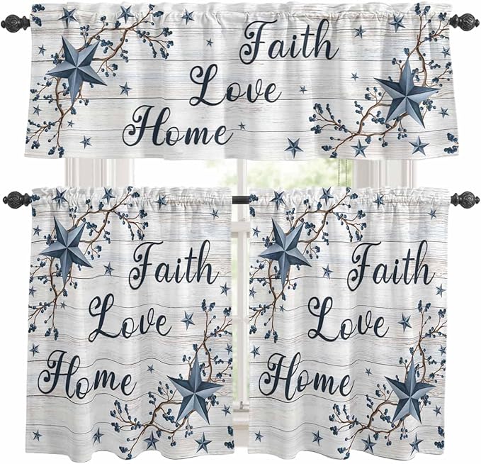 Kitchen Curtains Tiers and Valance Set of 3, Farmhouse Light Filtering Window Curtain Set, Blue Country Texas Star Vintage Berries Wooden Rod Pocket Curtain Drapes for Living Room, 24 Inches Tiers
