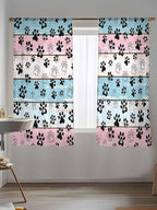 Sheer Curtains 63 Inch Length, Blue Pink Dog Paws Prints Semi Sheer Curtains Light Filtering Window Treatment, Farmhouse Beige Wood Privacy Voile Drapes for Living Room Bedroom 52x63 Inch