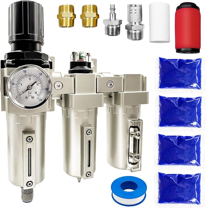 Upgraded 1/2" NPT Heavy Duty Industrial Grade 3 Stage Air Drying System, Particulate Filter, Coalescing Filter, Desiccant Dryer & Air Regulator - for Plasma Cutter, Paint Spray（Auto Drain）