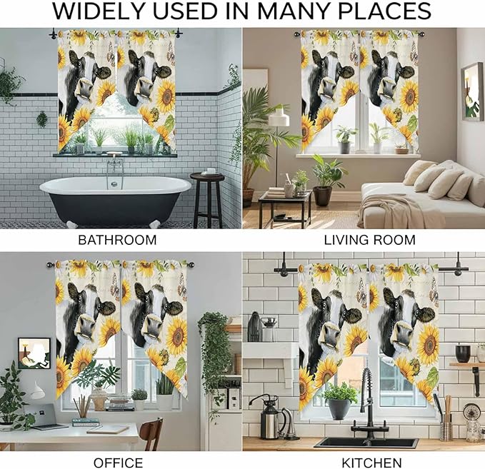 Yellow Sunflowers Swag Valances for Windows, Country Cow Flower Butterfly Farmhouse Cream Rod Pocket Kitchen Curtains Valance, Small Window Curtains Swag for Cafe Living Room, 2 Panels, 36x36 inch