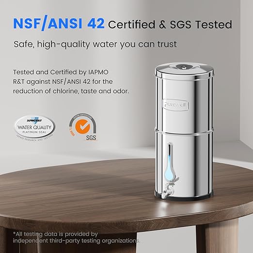 Purewell Fluoride-Free 8-Stage Gravity Water Filter System with PC Water Level Window, Certified to Reduce Fluoride, Lead, Total PFAS (Forever Chemicals), Mercury, and Chlorine, SF-FL-2.25G
