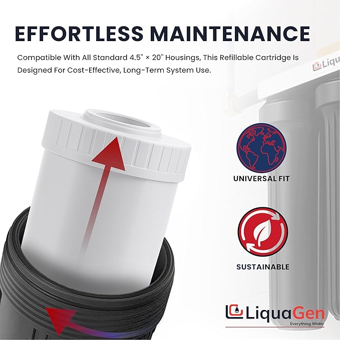 LiquaGen Activated Alumina + Carbon + KDF-55 Replacement Water Filter Cartridge – Helps Manage Fluoride, Chlorine & Taste, Refillable 2.5" x 10", 2.5" x 20", 4.5" x 10", 4.5" x 20" (2, 4.5" x 20")