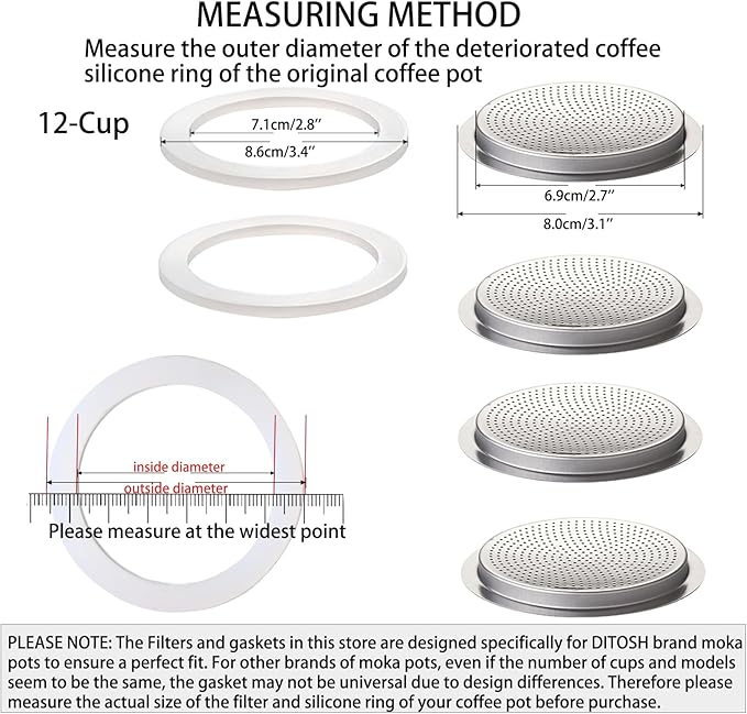 2 Pcs Filter with 3 Pcs Silicone Gasket Seals for 12 Cup Stovetop Espresso Coffee Maker Replacement Parts for Big Tummy and Straight Stainless Steel Moka Pot
