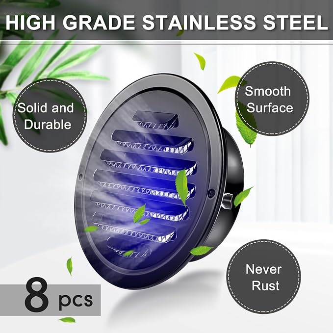 Zonon 8 Pcs Stainless Steel Soffit Vents 6 Inch Round Dryer Vent Cover with Mesh Screen for Home Outdoor Bathroom Wall Ceiling Outside Exterior Exhaust Black