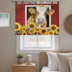 Cows Sunflowers Bedroom Curtains 63 Inch Length, Window Curtains Tab Top, Spring Floral Bees Farmhouse Barn Light Filtering Window Treatments Drapes 42"x63" 2 Panel
