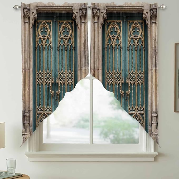 Turquoise Vintage Door Swag Valances for Windows, Countryside Barn Abstract Art Rod Pocket Kitchen Curtains Valance, Kitchen Window Curtains Swag for Cafe Bathroom Living Room, 2 Panels, 36x63 inch
