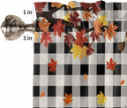 Thanksgiving Gnomes Kitchen Curtain Set, Fallen Maple Leaf Pumpkin Black Plaid Window Valance and Tiers 24" Length, Light Filtering Short Curtains Valance for Cafe Bathroom Bedroom 54"x18"