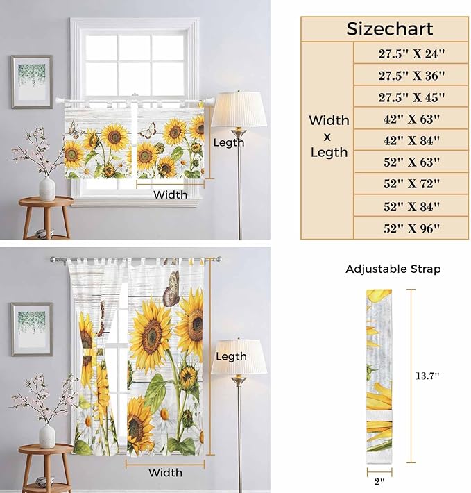 Yellow Sunflowers Living Room Curtains 96 Inch Length, Window Curtains Tab Top, Vintage Country Flowers Butterfly Wood Board Light Filtering Window Treatments Drapes 52"x96" 2 Panel