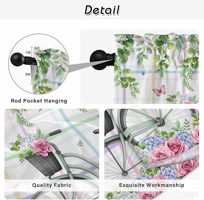 Spring Tier Curtains, Bicycles Botanical Leaves Rose Colorful Stripes Light Filtering Kitchen Curtains, 2Pcs Rod Pocket Half Window Treatments Panels for Sink Cafe Cabinet Camper 27.5x24 Inches