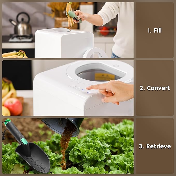 Airthereal Revive R500-V Electric Kitchen Composter with Visual Cover, Upgraded SHARKSDEN® Tri-Blade, Turn Food Waste and Scraps into Dry Natural Fertilizer for Plants, Pearl White