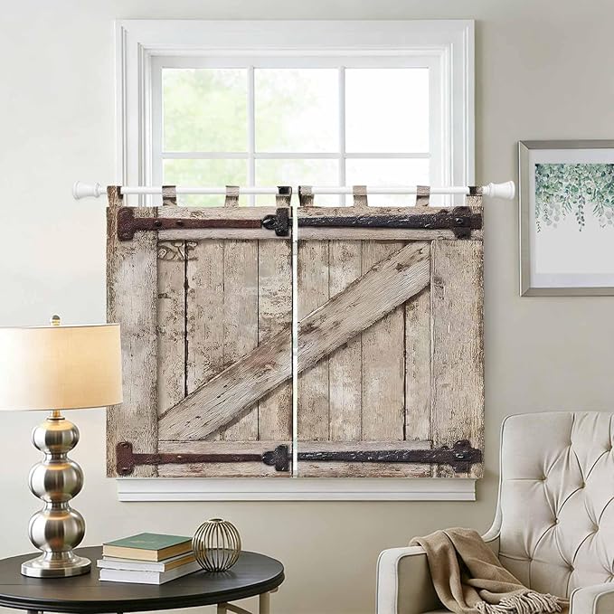 Farmhouse Wood Grain Bedroom Curtains 63 Inch Length, Window Curtains Tab Top, Vintage Country Barn Gate Brown Light Filtering Window Treatments Drapes 42"x63" 2 Panel