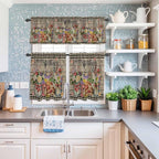 Spring Flowers Kitchen Curtain Set, Farmhouse Vintage Black Plaid Wood Grain Window Valance and Tiers 36" Length, Light Filtering Short Curtains Valance for Cafe Bathroom Bedroom 54"x18"