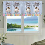 Blue Easter Curtain Valances for Windows, Kitchen Valance Window Treatment, Spring Cartoon Bunny Colorful Eggs Wood Grain Light Filtering Block Curtains for Bathroom/Bedroom/Living Room 42'' x 18''