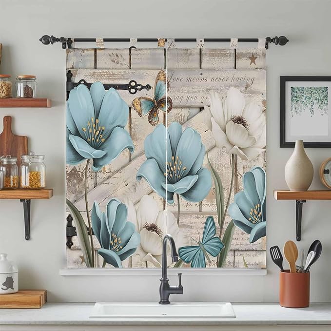Teal Blue Tulips Living Room Curtains 84 Inch Length, Window Curtains Tab Top, Spring Floral Barn Doors Vintage Wood Beige Light Filtering Window Treatments Drapes 42"x84" 2 Panel