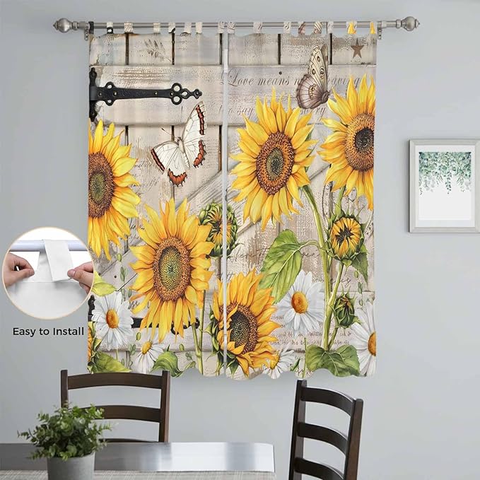 Farm Flowers Living Room Curtains 96 Inch Length, Window Curtains Tab Top, Retro Sunflowers Barn Doors Butterfly Wood Board Light Filtering Window Treatments Drapes 52"x96" 2 Panel