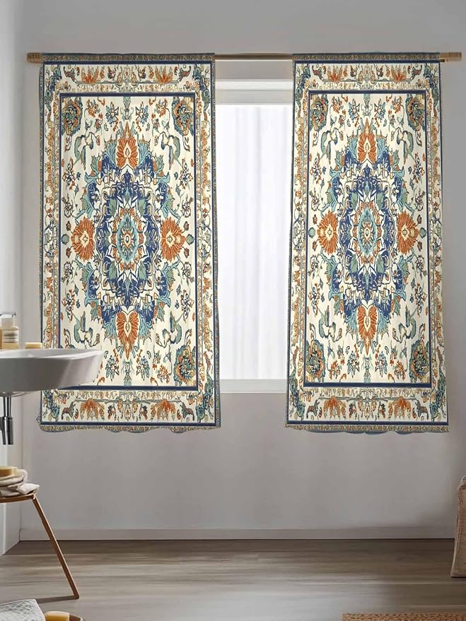 Sheer Curtains 63 Inch Length, Southwest Farmhouse Semi Sheer Curtains Light Filtering Window Treatment, Orange Blue Desert Bohemian Privacy Voile Drapes for Living Room Bedroom 52x63 Inch