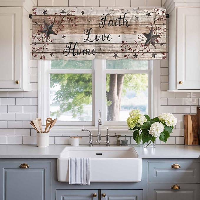 Rustic Star Brown Curtain Valances for Windows, Kitchen Valance Window Treatment, Vintage Plants Berry Wooden Grain Light Filtering Block Curtains for Bathroom/Bedroom/Living Room 42'' x 12''