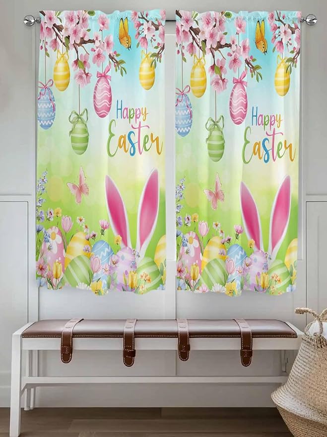 Easter Living Room Curtains 72 Inches length, Spring Bunny Colorful Rabbit Eggs Butterfly Blue Green Window Treatment Curtain Drapes, Light Filtering Drapes for Bedroom Laundry Room, 52"x72", 2 Panels