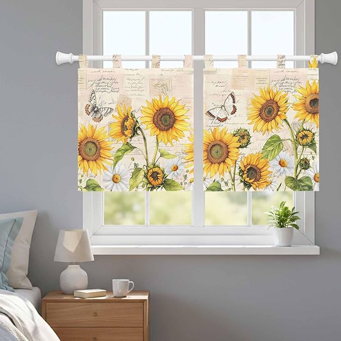 Yellow Sunflowers Kitchen Curtains 36 Inch Length, Small Window Curtains Tab Top, Country Farm Butterfly Flower Light Beige Light Filtering Short Window Treatments Tier Drapes 27.5"x36" 2 Panel