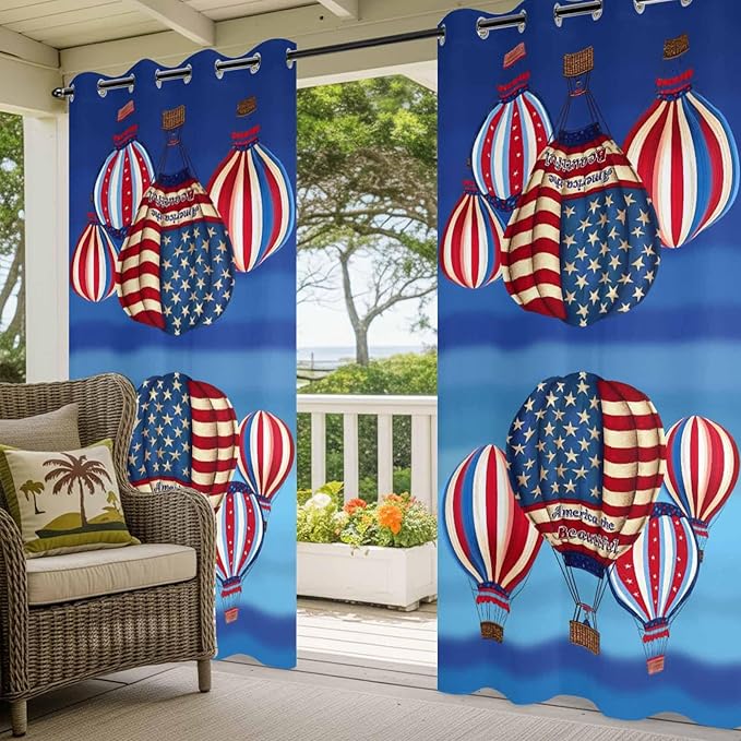 Independence Day Waterproof Outdoor Curtains for Patio, Windproof Weatherproof Curtains with Weighted Hem, Hot Air Balloon Patriotic Star Light Filtering Privacy Drapes for Porch 54"x 95"