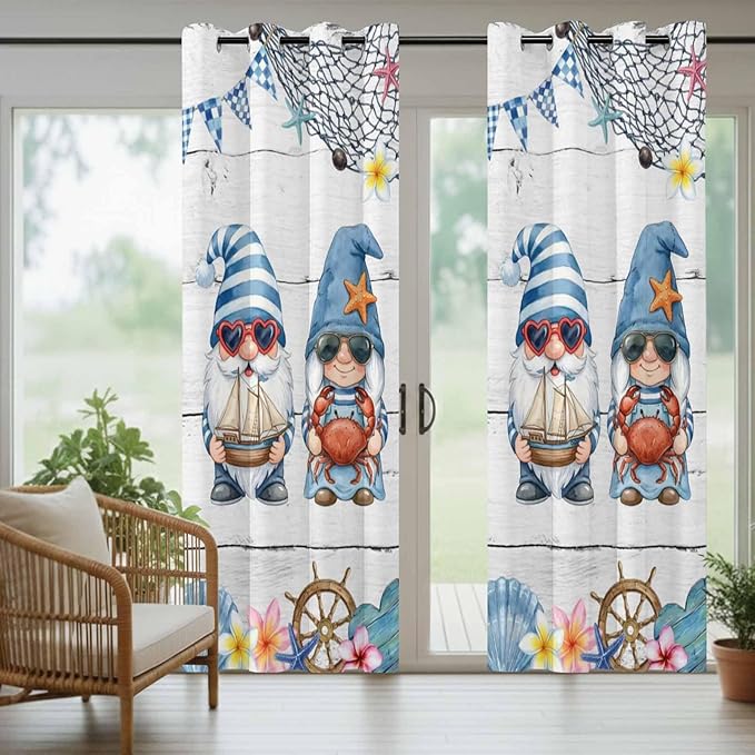 Ocean Gnome Outdoor Curtains for Patio Summer Marine Plumeria Shell Wooden Waterproof Outside Curtains with Grommet Top Weatherproof Curtain for Cabana Pergola Gazebo, 1 Panel, 54" W x 108" L