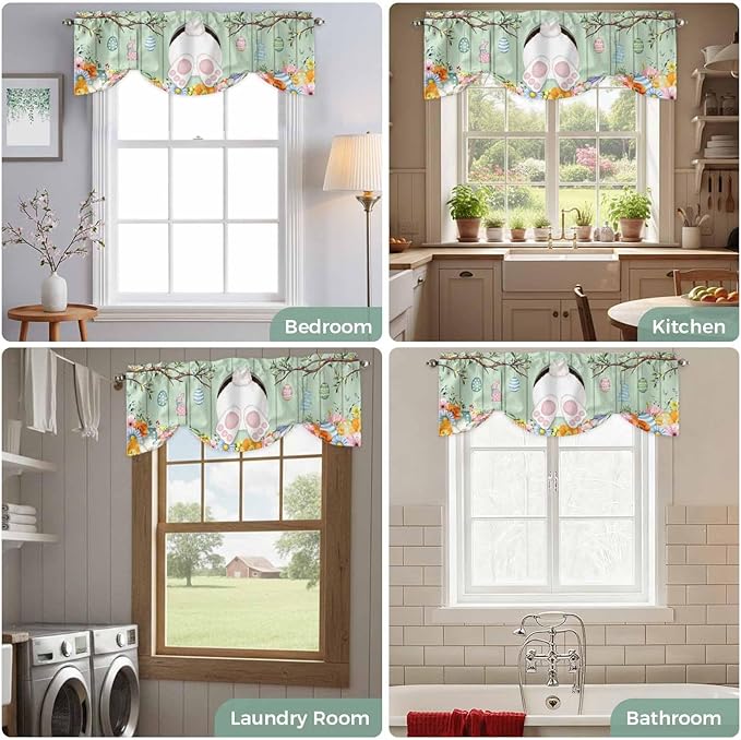 Easter Tie Up Valance Curtains for Windows, Kitchen Curtains Window Shades, Spring Watercolor Bunny Eggs Wooden Grain Green Light Filtering Roman Curtain Valances for Bedroom/Bathroom/Cafe 42"x18"