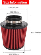 Cold Air Intake Filter High Performance Washable Filter Clamp-On Replacement Air Filter Flange Diameter 3inch/76mm Red