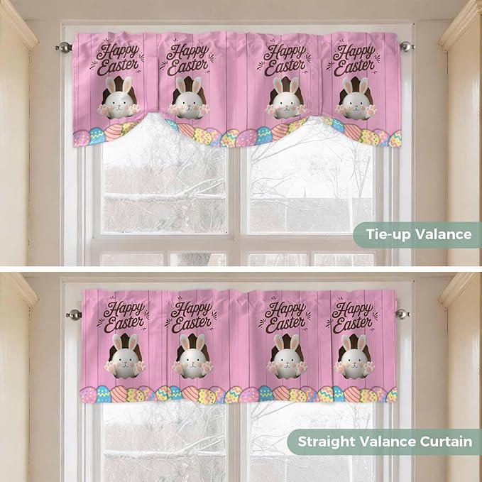 Pink Easter Tie Up Valance Curtains for Windows,Kitchen Curtains Window Shades,Easter Bunny Eggs Spring Cartoon Farmhouse Wood Grain Light Filtering Curtain Valances for Bedroom/Bathroom/Cafe 60"x18"