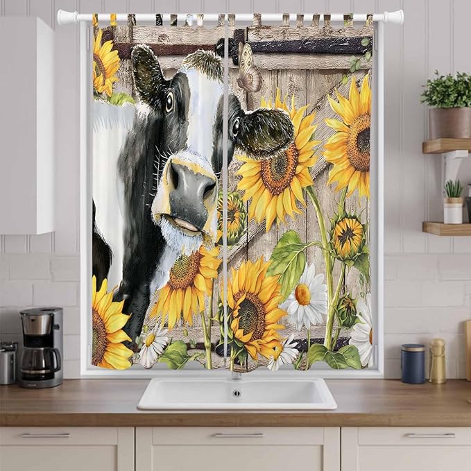 Retro Farmhouse Flower Living Room Curtains 84 Inch Length, Window Curtains Tab Top, Yellow Sunflowers Cow Barn Doors Brown Light Filtering Window Treatments Drapes 52"x84" 2 Panel